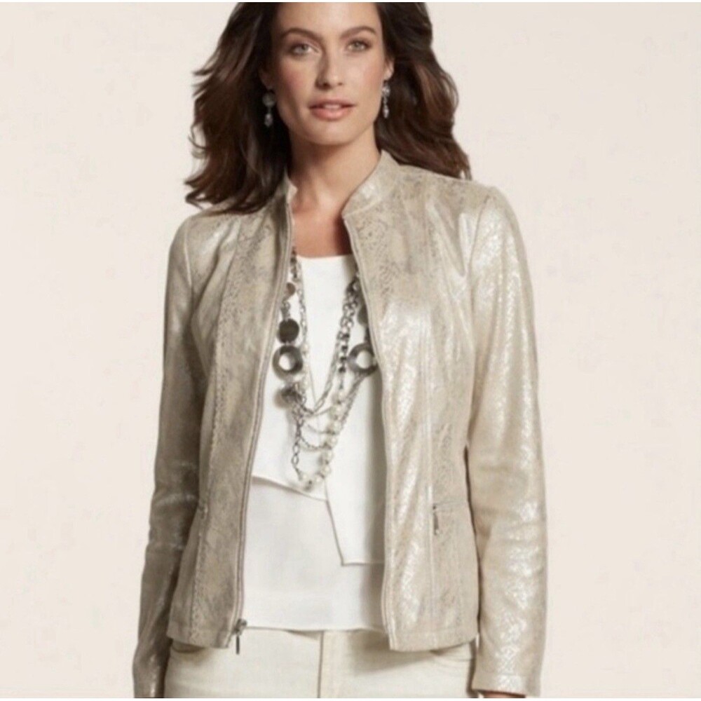 Chico's Metallic Beige Snakeskin Full Zip Lined Jacket w/ Pockets Size Large (2)